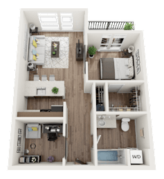 A top-down view of a small, well-organized apartment with a kitchen, living room, and bedroom.