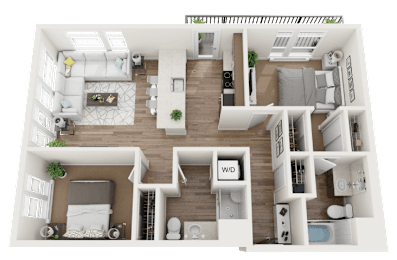 A 3D floor plan of a house with a living room, kitchen, and bedrooms.