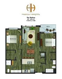 A floor plan of a two bedroom, two bathroom apartment.