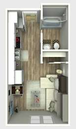 A small apartment with a bedroom and a bathroom.