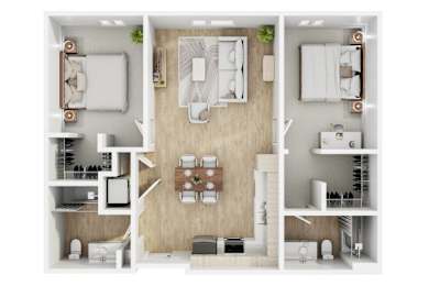 A 3D floor plan of a small apartment with a kitchen, living room, and bedroom.