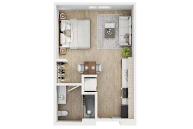 A top-down view of a small apartment with a bed, desk, and kitchenette.
