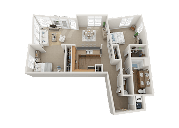 Floor Plan  A 3D floor plan of a house with a kitchen, living room, and bedrooms.