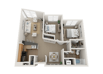 Floor Plan  A 3D floor plan of a small apartment with two bedrooms and a living area.