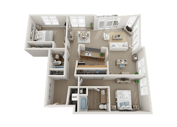Floor Plan  A 3D floor plan of a house with two bedrooms, a living room, a kitchen, and a bathroom.
