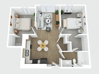 A top-down view of a modern apartment layout with a central living area, two bedrooms, a kitchen, and a bathroom.