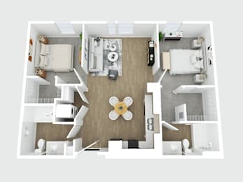 A top-down view of a well-organized apartment with a central circular area and various furniture and appliances.