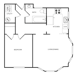 A floor plan of a house with a bedroom, bathroom, kitchen, and living/dining area.