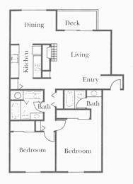 A floor plan of a house with two bedrooms, a living room, a kitchen, a dining room, and a deck.