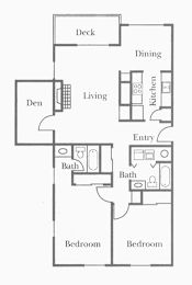 A floor plan of a house with a deck, two bathrooms, a living room, a dining area, a kitchen, a den, and two bedrooms.