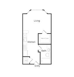A floor plan of a home with a living room, kitchen, bathroom, and entry.