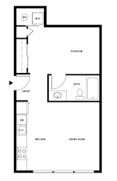 A floor plan of a small apartment with a bedroom, living room, kitchen, and bathroom.