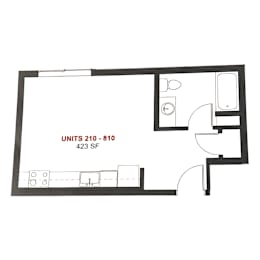 A floor plan of an apartment with the label "UNITS 210 - 810 423 SF".