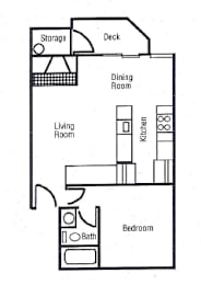 A floor plan of a small apartment with a living room, dining room, kitchen, bedroom, and bathroom.