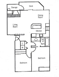 A floor plan of a small apartment with a living room, dining room, kitchen, two bedrooms, and a storage area.