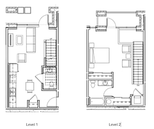 A black and white image of two floor plans labeled Level 1 and Level 2.