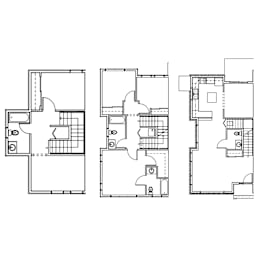 Three floor plans of a house with different layouts.