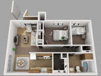 A 3D floor plan of a small apartment with two bedrooms and a living area.