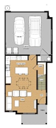 A floor plan of a house with a garage, living room, dining room, kitchen, and two bedrooms.