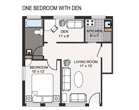 A floor plan of a one bedroom apartment with a den and a living room.