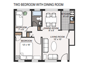 A floor plan of a two bedroom apartment with a dining room and living room.