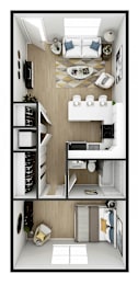 A series of images showing the interior of a small apartment.