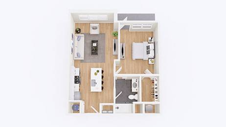 A top down view of a small apartment with a kitchen, living room, and bedroom.