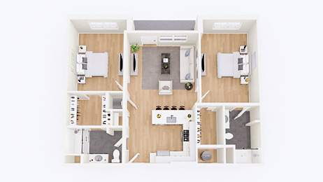 A top down view of a small apartment with a kitchen, living room, and bedroom.