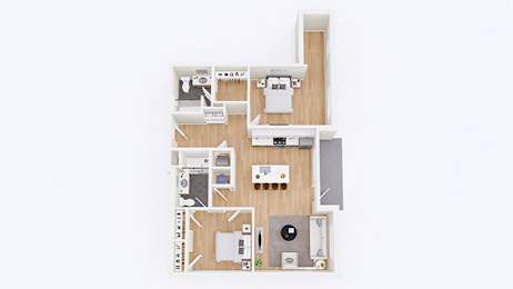 A floor plan of a house with a kitchen, living room, and two bedrooms.