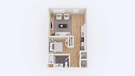 A top-down view of a small apartment with a kitchen, living room, and bathroom.