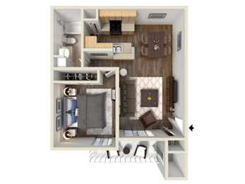A top down view of a small apartment with a bedroom, living room, and kitchen.