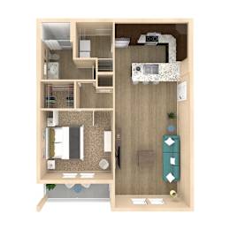 A floor plan of a small apartment with a kitchen, living room, and bathroom.