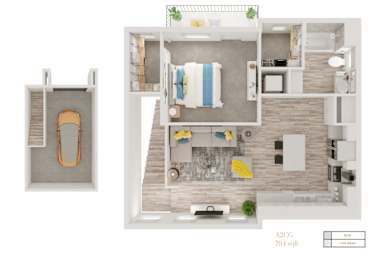 A floor plan of a two bedroom apartment with a living room and a kitchen.