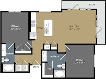 A floor plan of a house with a living room, dining room, kitchen, and two bathrooms.