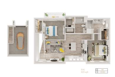 A floor plan of a 1229 square foot apartment with a kitchen, living room, and bathroom.