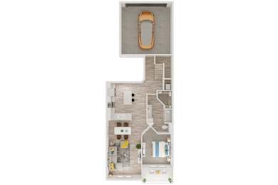 A top down view of a house with a car parked in the garage.
