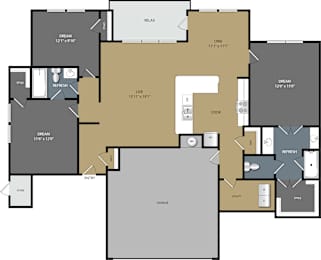 A floor plan of a house with labeled rooms such as "DREAM", "REFRESH", "RELAX", "DINE", "COOK", "ENTRY", "STORE", "UTILITY", and