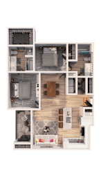 A detailed 3D floor plan of a small apartment.