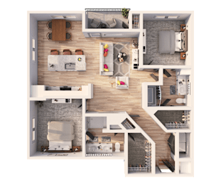 A top-down view of a house layout with a living room, kitchen, dining area, and bedrooms.