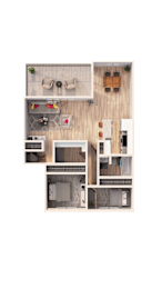 A top-down view of a house layout with a living room, kitchen, and bedrooms.