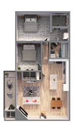 A top-down view of a modern apartment layout with a living room, kitchen, and bedrooms.