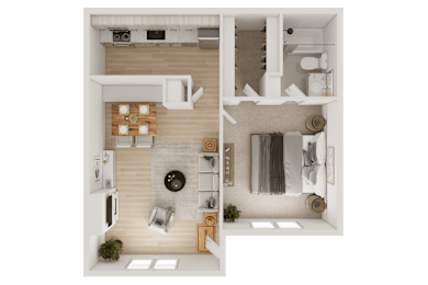 A top-down view of a modern apartment with a kitchen, living room, and bathroom.