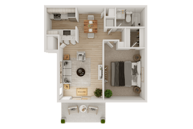 A floor plan of a house with a living room, kitchen, and bathroom.