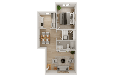 A top-down view of a house layout with a kitchen, living room, and bathroom.