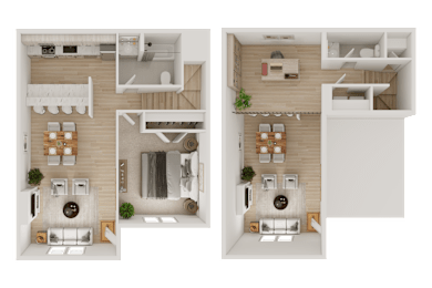 A floor plan of a two-bedroom apartment with a living room, kitchen, and bathroom.