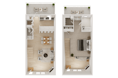 Two floor plans of a house with a kitchen, living room, and bathroom.