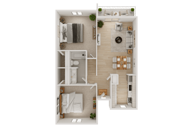 A top-down view of a two-bedroom apartment with a living room, kitchen, and bathroom.