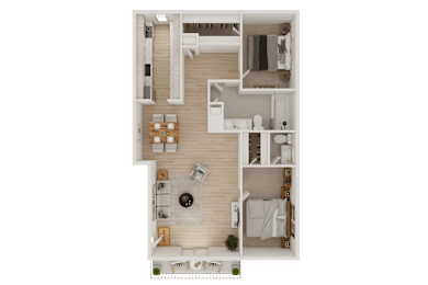 A top-down view of a modern apartment layout with a living room, kitchen, and bedrooms.