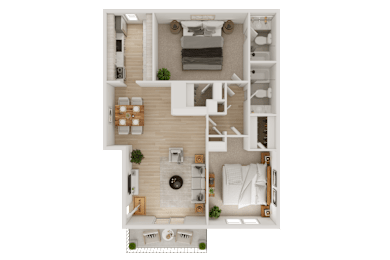 A top-down view of a well-organized apartment with a living room, kitchen, and bedroom.