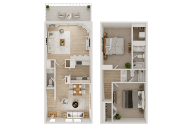 A floor plan of a two-bedroom apartment with a living room, kitchen, and bathroom.